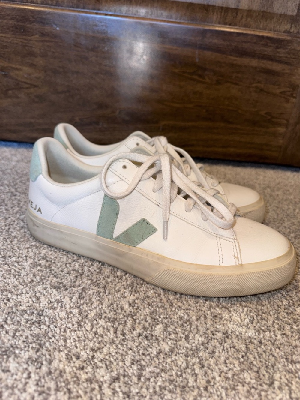 Veja Women's Leather Sneakers in White with Mint Green V